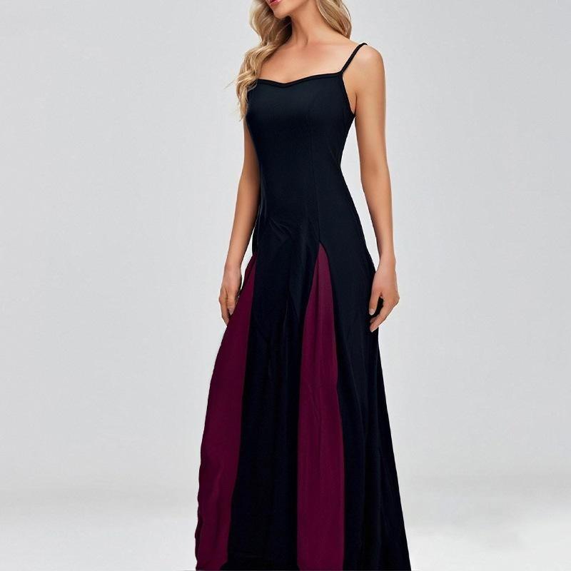 Women's Black White Color Block Maxi Dress Spaghetti Strap Sleeveless Fit and Flare Elegant Long Dress