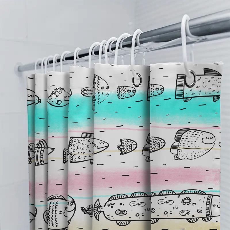 Hand-Drawn Fish Shower Curtain With Cartoon Style Blue, Pink Yellow Colors 180X180Cm For Bathroom Decoration