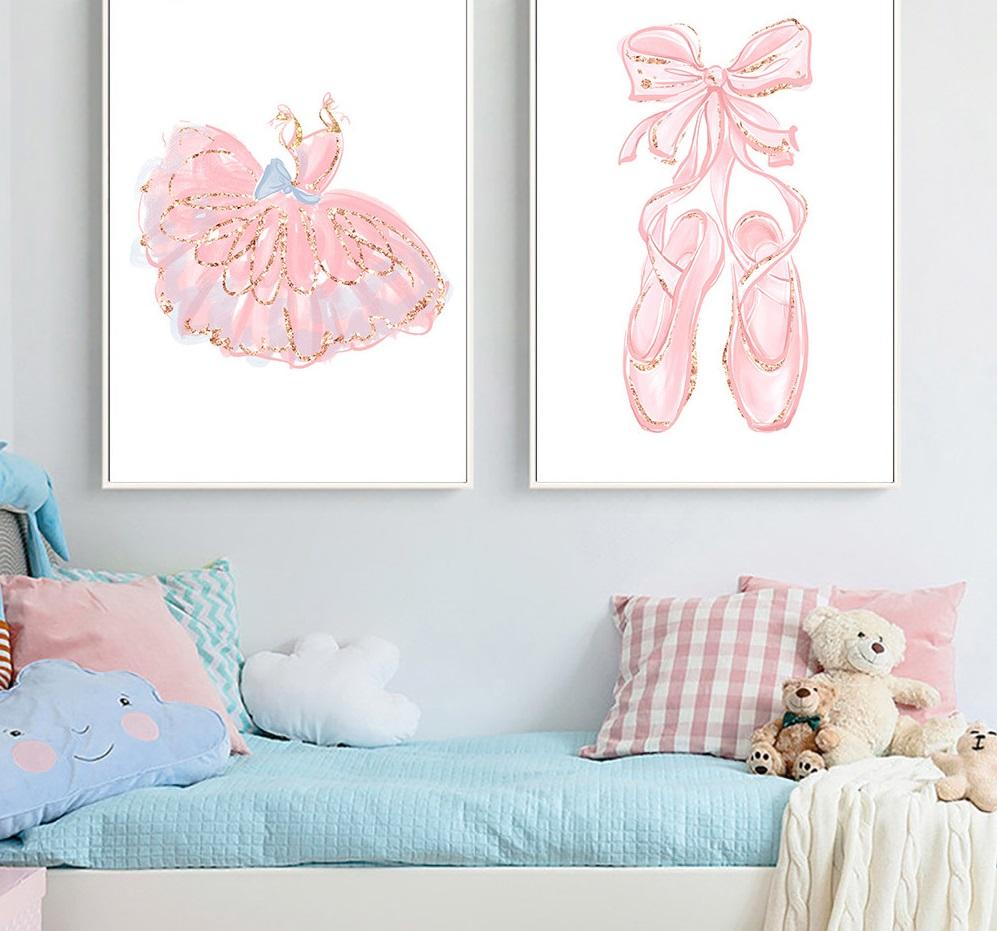 Leinwandposter mit rosa Ballettschuhen, Gemälde an der Wand, Zitat „Just Dance“, Poster und Drucke für Wohnzimmer, kein Rahmen