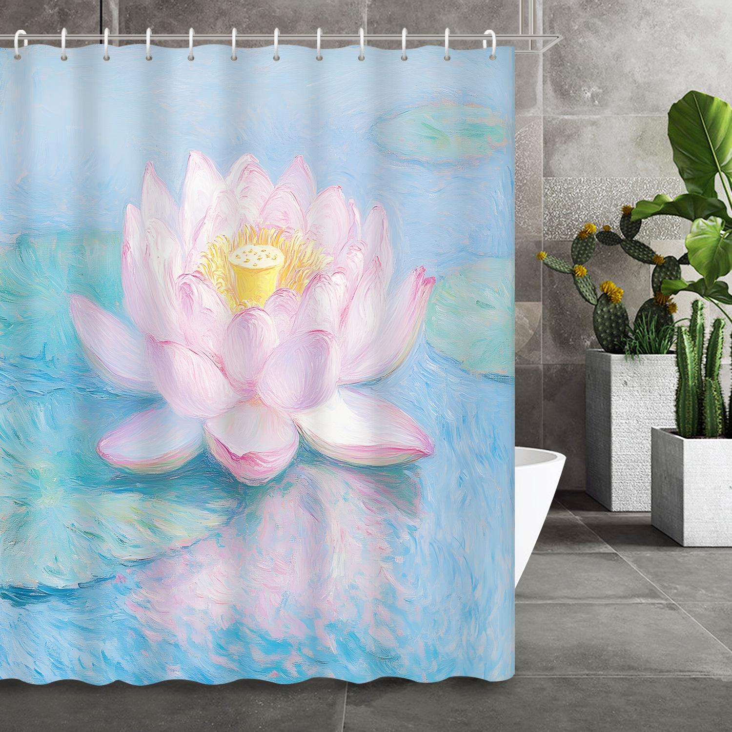 

High-Quality Polyester Shower Curtain - Chinese Oil Painting Lotus Pond Art, Pink Lotus & Green Leaves With Blue Water Ripples W60H190(CM)-1 Pcs