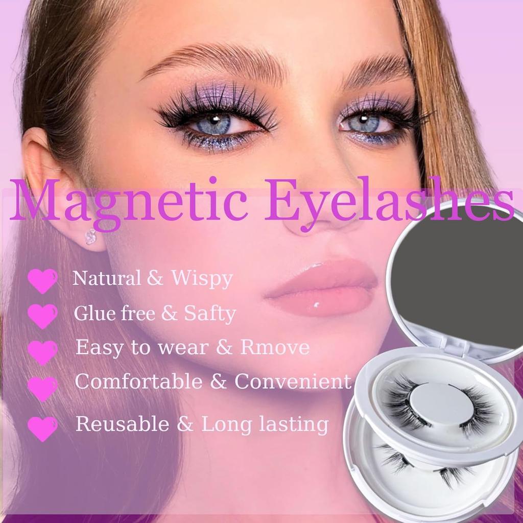 2-Pair Magnetic Eyelashes Set with Mirror Storage Box & Applicator - Natural Look, Glue-Free, Reusable, and Easy To Apply