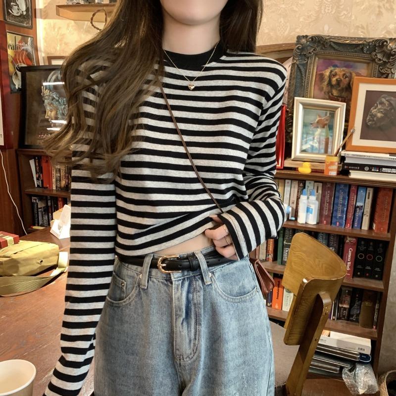 Contrasting Striped Long Sleeve Shirt Women's Autumn New Casual Skinny Inner Bottom Shirt Short Student Top