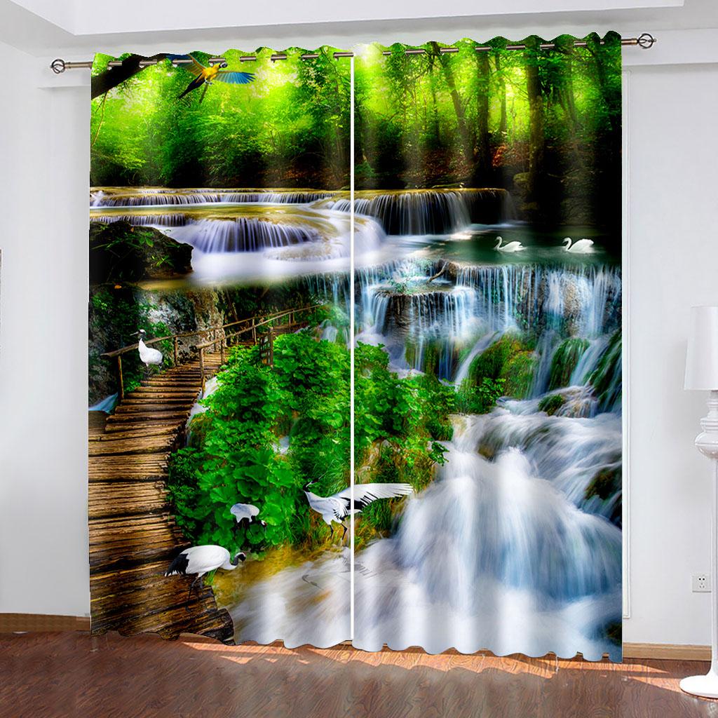 /set Sommer und Frühling Landschaft Baum Wald Fluss Felsen Wasserfall Druckmuster Vorhang Digital bedruckter Familienzimmer Vorhang 2x50W130H(CM)&Rod Pocket