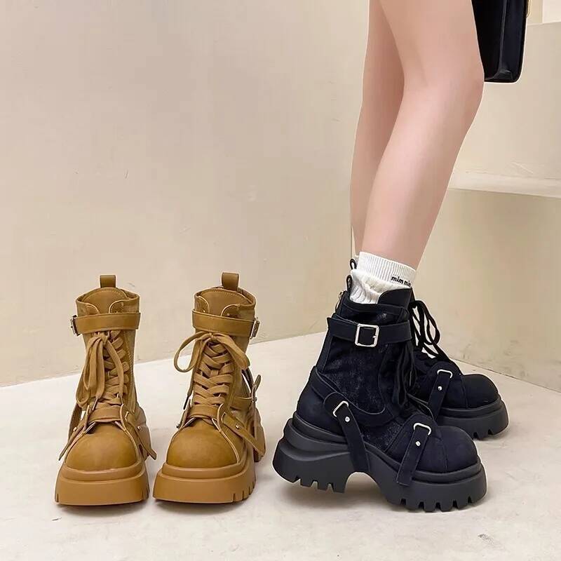 Thick Platform Boots Women'S Versatile Lace Up Ankle Boots  Autumn Winter New Patchwork Fabric Thick Soled Short Biker Boots