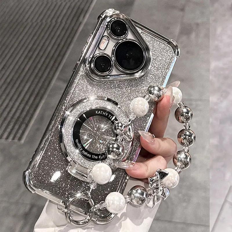 

Shockproof Glitter Plating Magsafe Bracket Bead Bracelet Case For Huawei Pura 70 Ultra P70 P60 P50 P40 P30 Lite Pro Cover P30 Lite серебряный