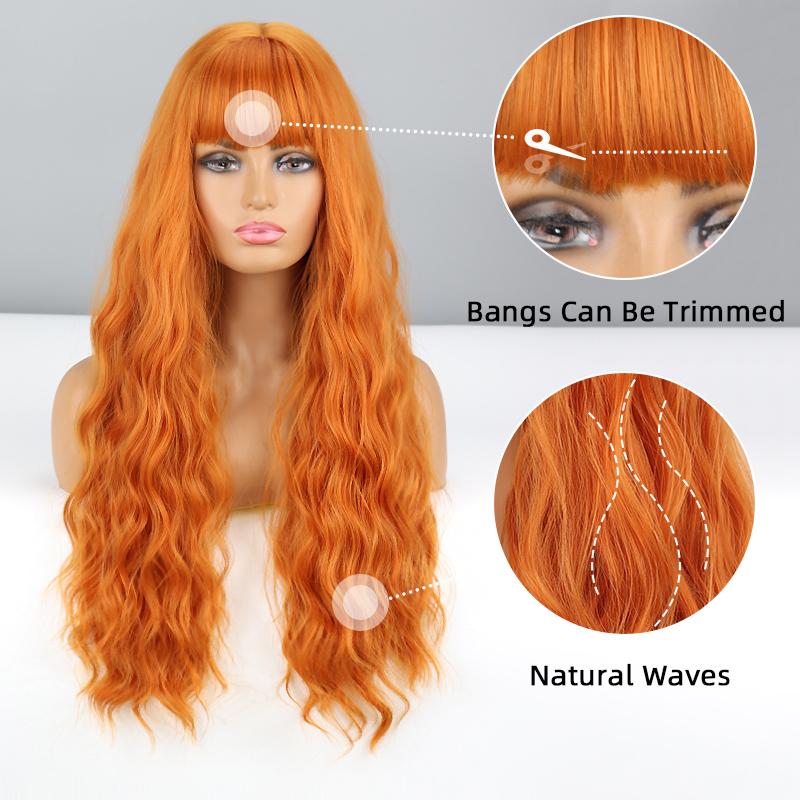 XINRAN Orange Natural Deep Wavy Wig with Bangs Synthetic Fiber Daily Wear Cosplay Natural Long Wavy Wig Ombre Grey Light Blonde