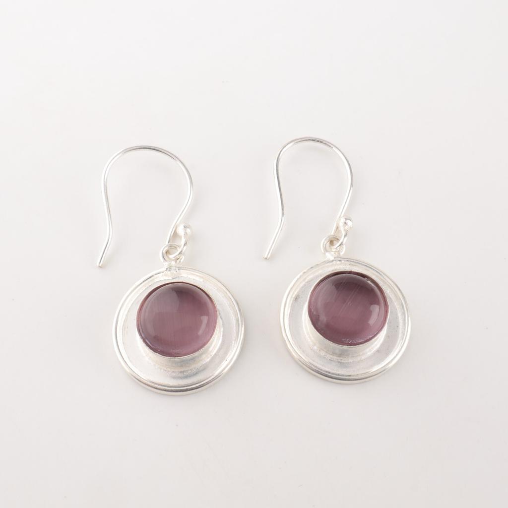 Purple Cat's Eye 925 Fine Silver Gemstone Jewelry Handmade Round Earrings 1.40" EE-4-47