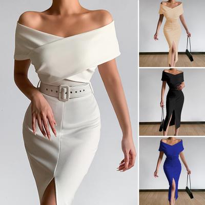 Vestido de mujer sin tirantes con hombros descubiertos y cinturón, falda de longitud media de Color sólido, vestido de fiesta, vestido de novia de noche