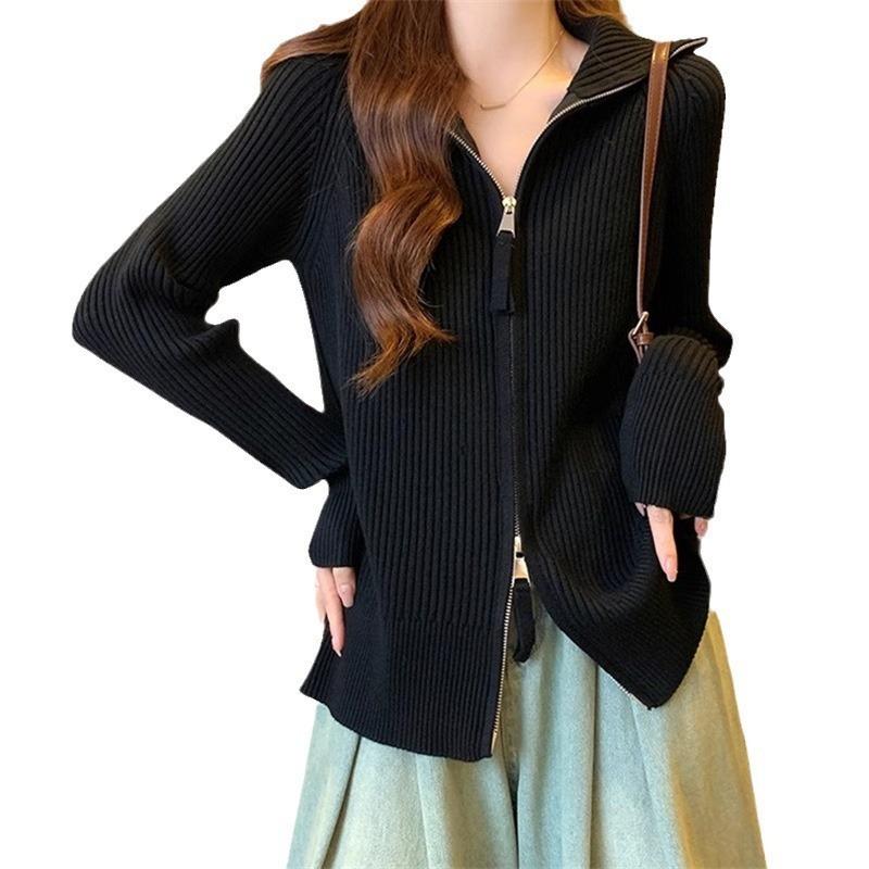 

Женская одежда больших размеров осень и зима однотонный кардиган на молнии с двух концов тонкая резинка ленивый темперамент отложной вязаный свитер топ One size чёрный