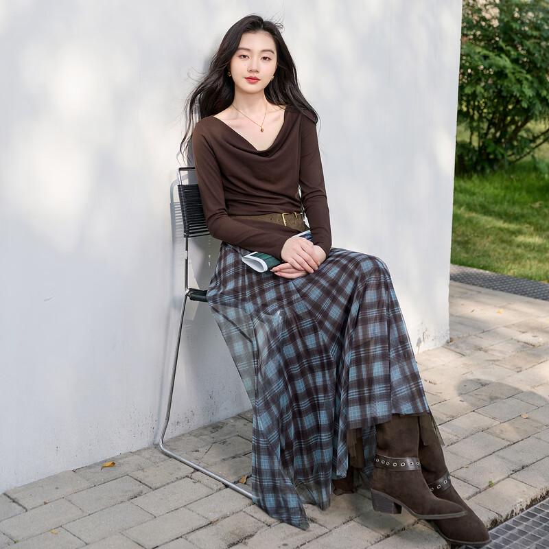 Women's Plaid Mesh A-line Long Skirt