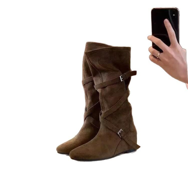 Inner heightening boots women's new autumn retro versatile stacking boots belt buckle slim tall knight boots