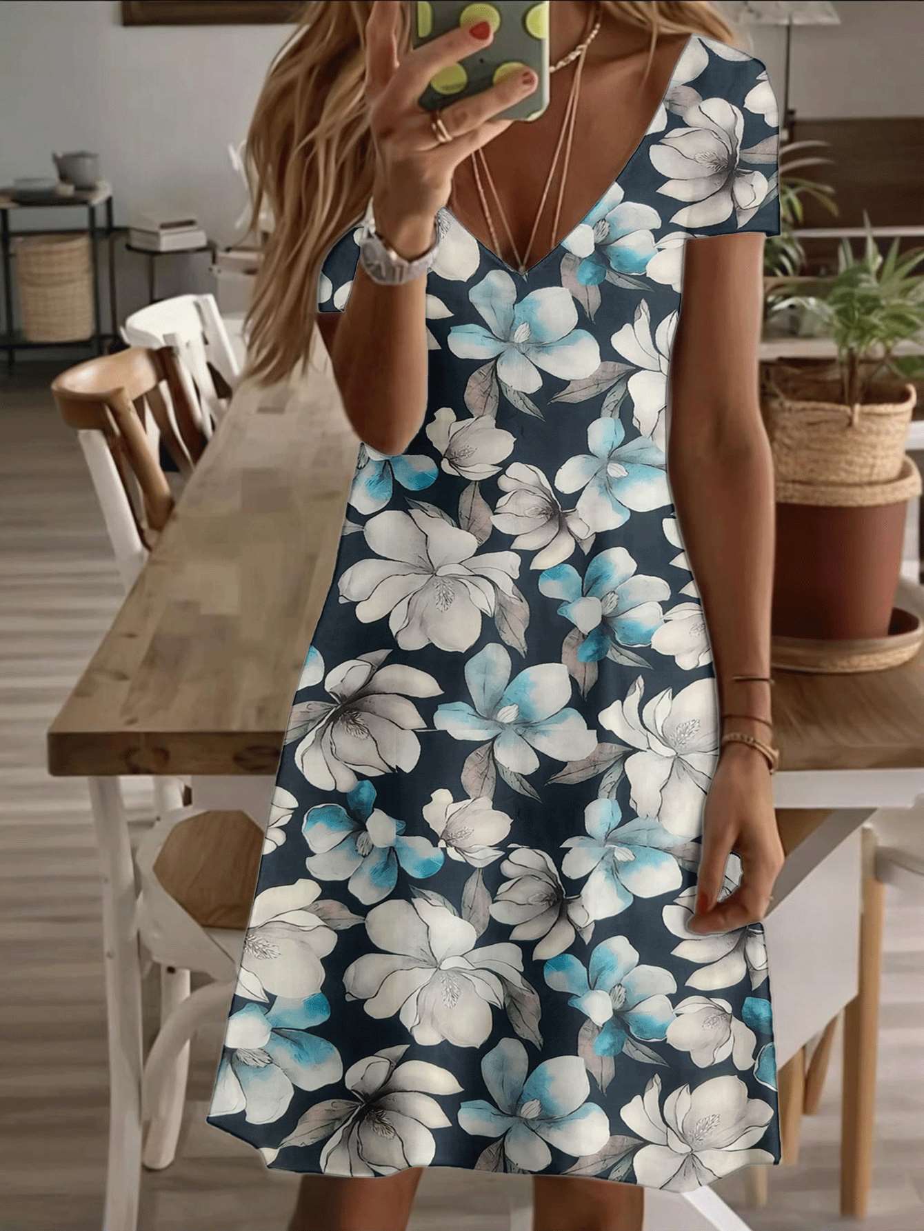 

Vneck shortsleeve midi dress with blue and white magnolia floral print pattern 3D premium printing durable and comfortable casual fashion style for 5XL дубильная кора
