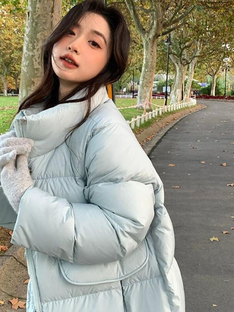 

Зимний новый свободный и модный женский пуховик, утепленный длинный белый пуховик с утиным воротником M синий