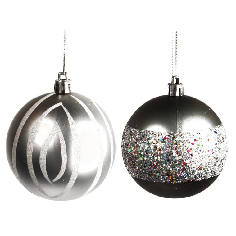 Set of 6 Graphite Plastic Baubles with a Diameter of 8 Cm