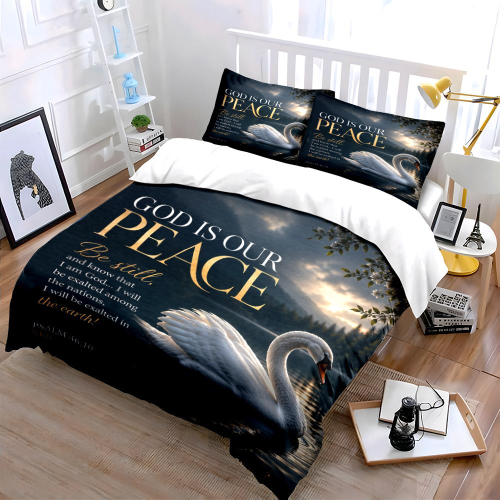 "God Is Our Peace Swan Bedding Set" Bedding Set (1 Duvet Cover, 2 Pillowcases, Duvet Not Included)