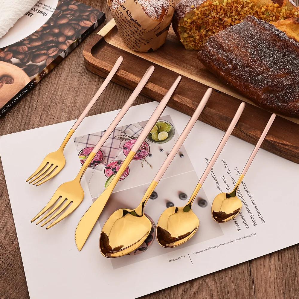 6Pcs Dinnerware Set Stainless Steel Tableware Mirror Dinner Silver Cutlery Set Knife Dessert Fork Spoon Flatware Kitchen Set