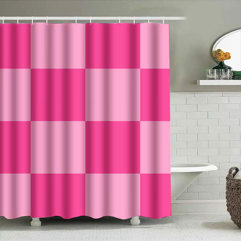Modern Bathroom Decor: Beautiful Pink Checkered Shower Curtain Set for Bathtub Area Perfect Home Decoration Item (Set Includes 1