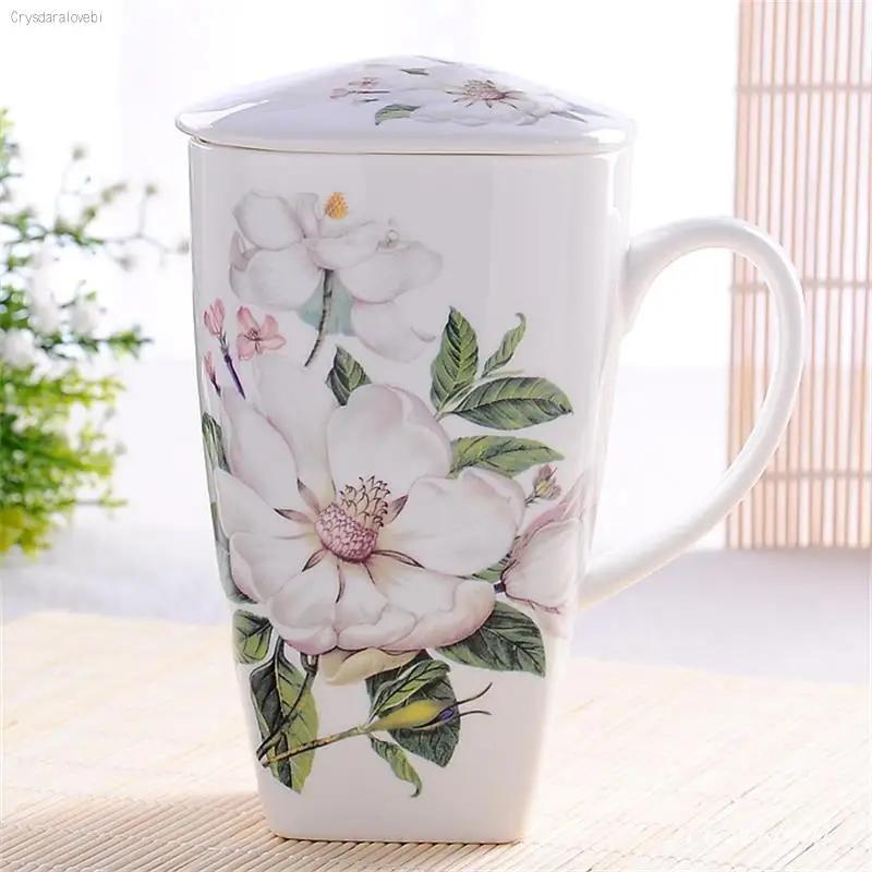700 ml, Kubki z Prawdziwej Porcelany Kostnej z Pokrywką, Kubek do Kawy Śmieszny Kubek, Urocze Duże Kubki do Kawy z Kwiatowym Malunkiem, Ceramiczny Kubek Idealny Prezent