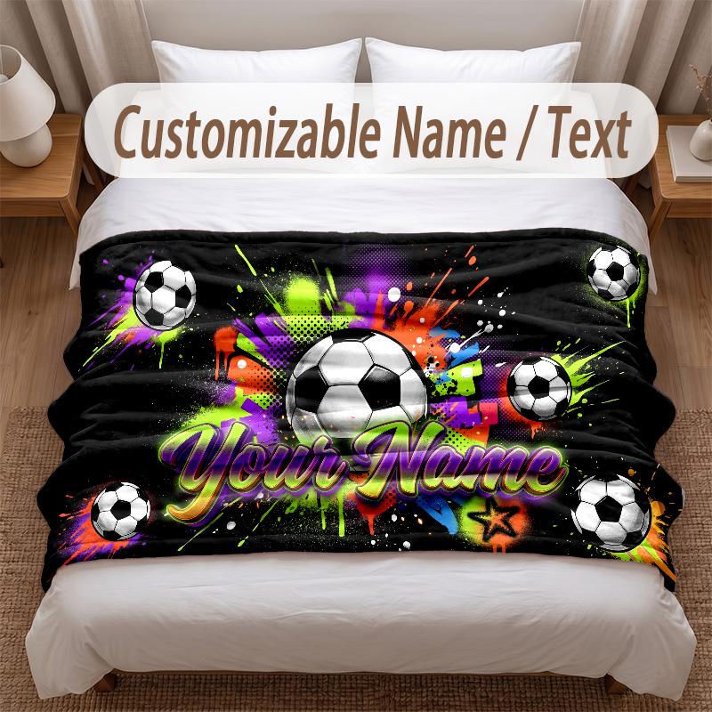Soccer Theme Soft Blanket Personalized Custom Name Text Print Warm Blanket Home Sofa Bedroom Decor