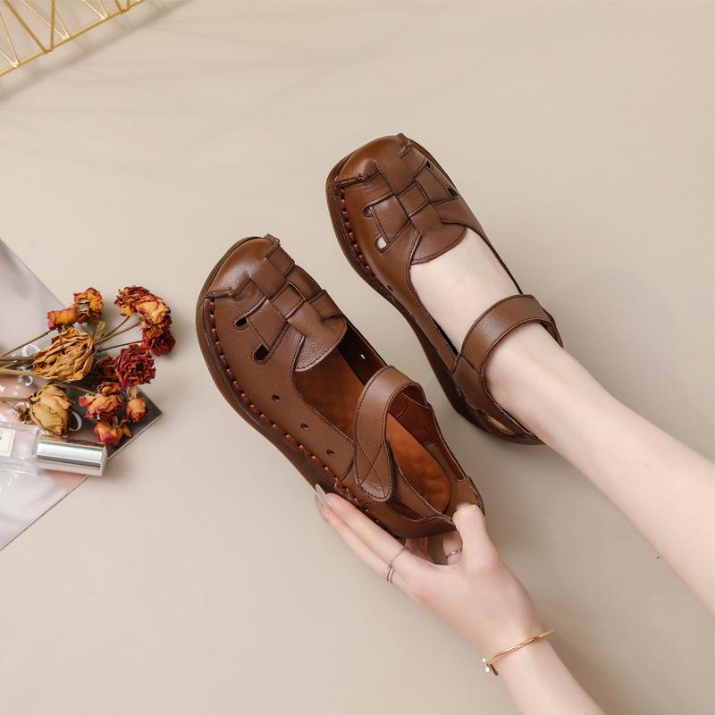 Women's Retro Cowhide Wedge Sandals - Summer Soft Sole Genuine Leather Platform Shoes