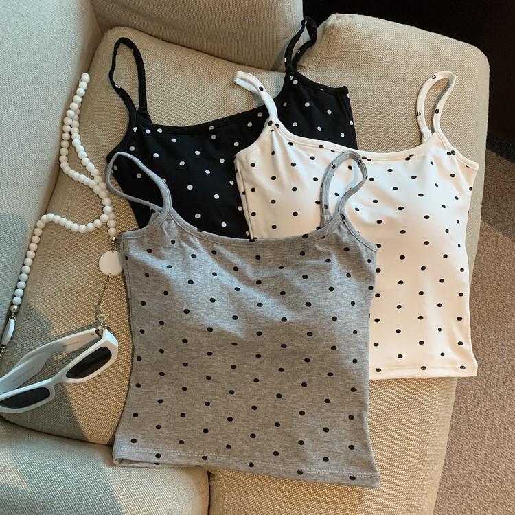 Canotta a spallina con pois alla moda e coppe al seno, canottiera da donna senza maniche con schiena scoperta