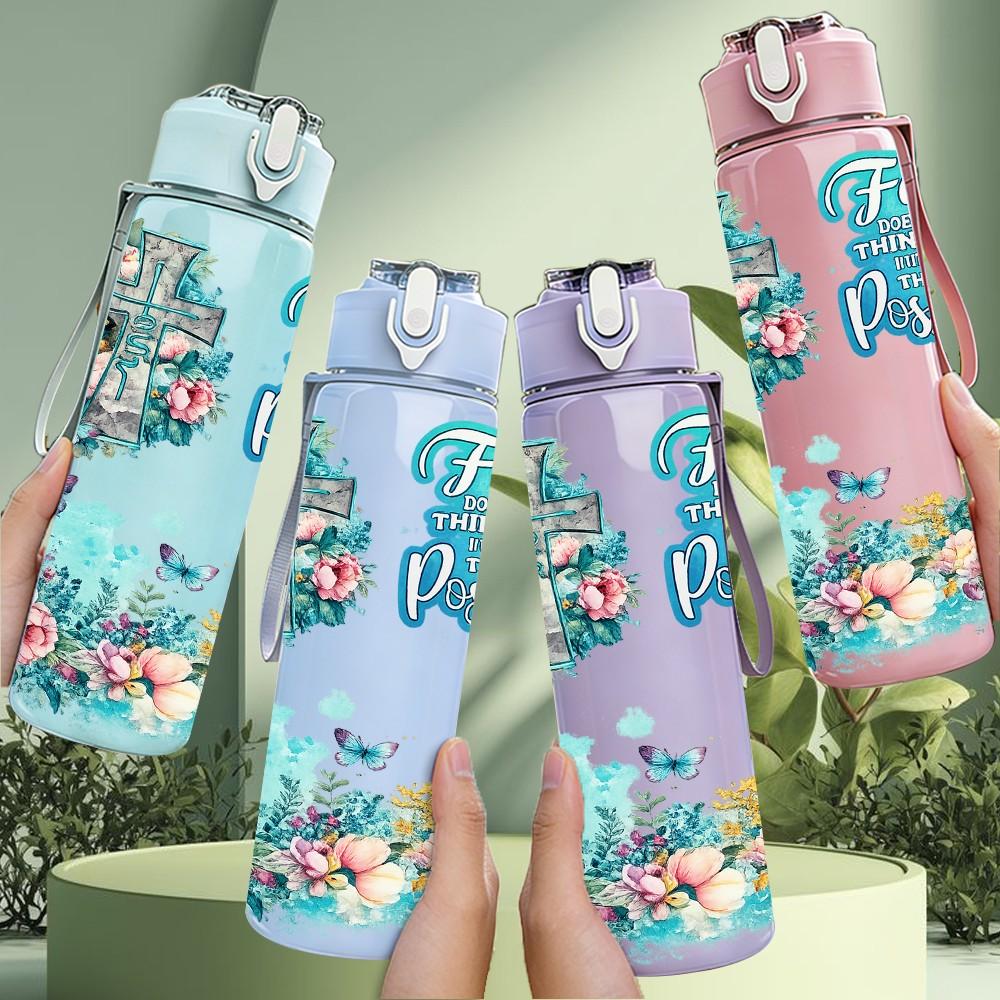 1PC Faith Hope Teal Floral Lettering 750ml Color Plastic Sports Water Bottle Leakproof Flip Straw Lid Suitable for Sports Office Home Use