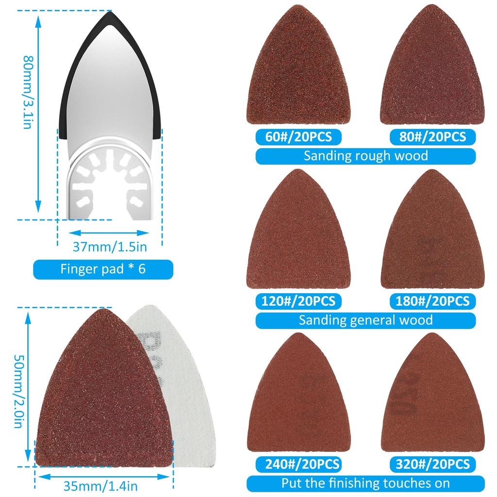 129Pcs New Oscillating Tool Multipurpose Sanding Pads Kit Universal Finger Sanding Pad 60-320 Grit Triangle Finger Sandpaper Set
