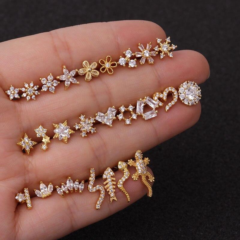 1piece Gold Color Crown Star Flower CZ Tragus Cartilage Stainless Steel Ear Stud Piercing Crystal Daith Earring