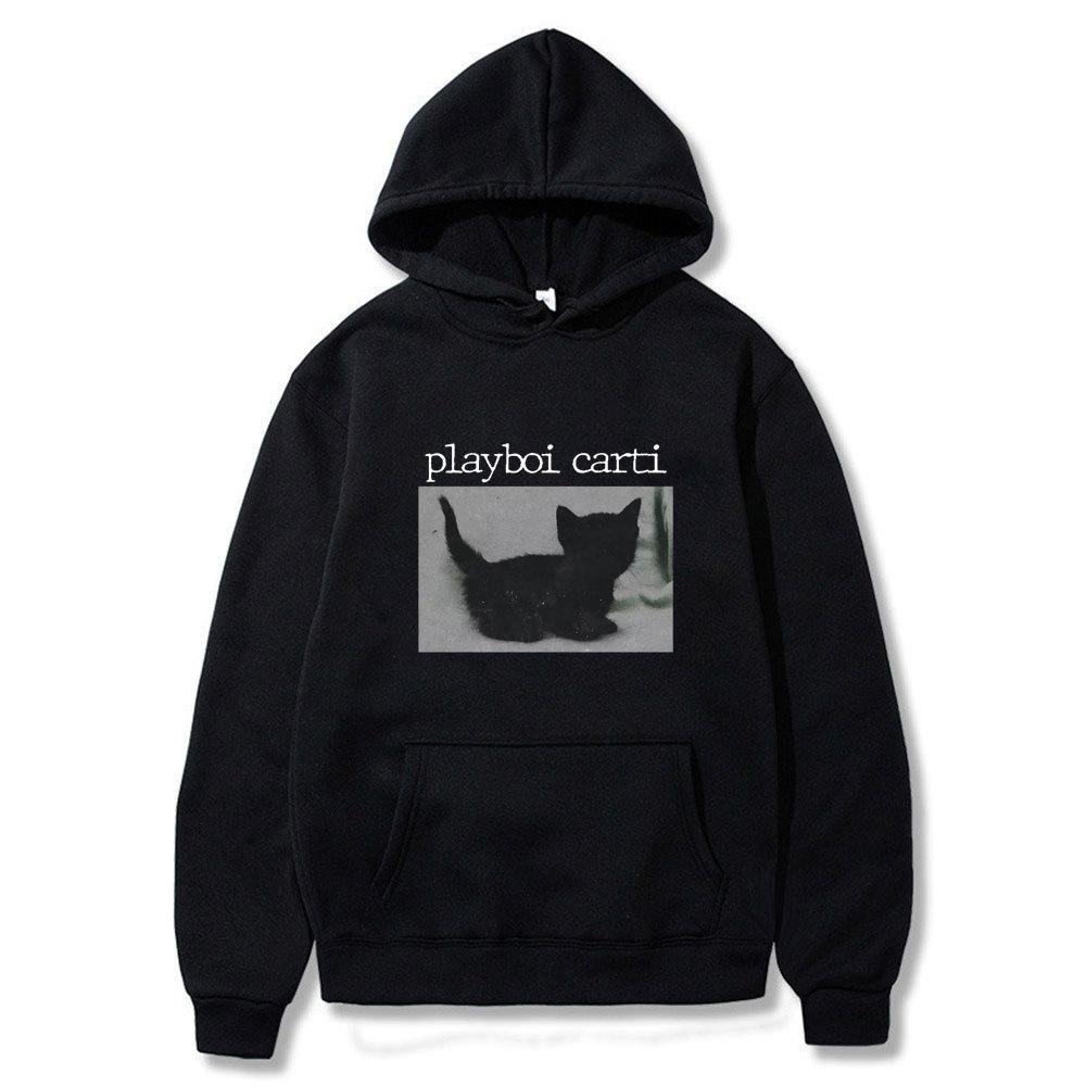 Playboi Carti Oversized Hip Hop Hoodie Cute Cat Print Autumn Winter Fleece Streetwear Tops