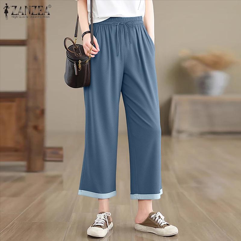 ZANZEA Womens Summer Loose Casual Drawstring Cropped Pants