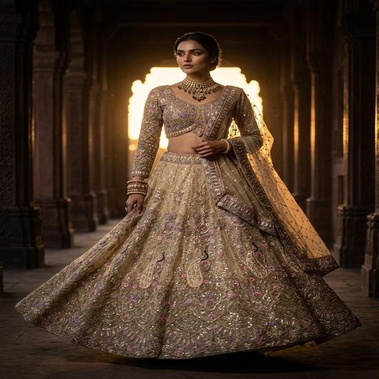 Elegant Champagne Gold Embroidered Bridal Lehenga Choli Set FREE SIZE бежевый