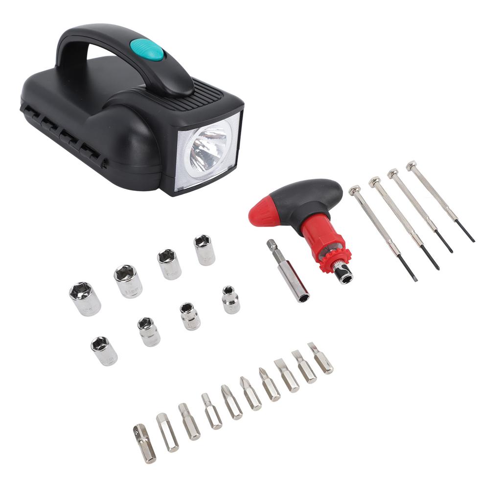LED Flashlight Household Tool Kit Includes Miniature Screwdriver Set Ratchet Handle Sleeve Watch