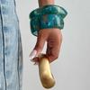 Vintage Peacock Blue Smudge Resin Wide Bracelet, Stylish Irregular Metal Frosted Glossy Bracelet