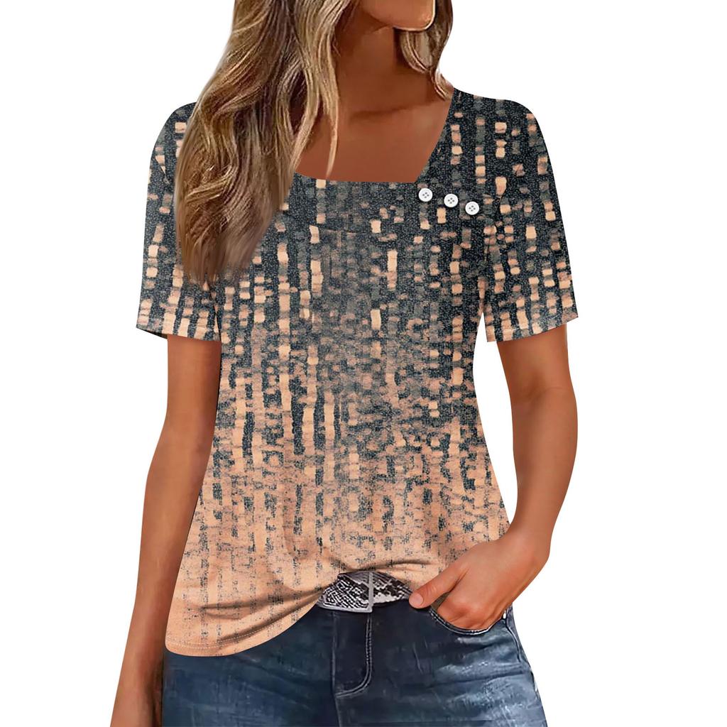 Women's Casual Printed Asymmetric Neck Short Sleeve Decorative Button T-Shirt Top