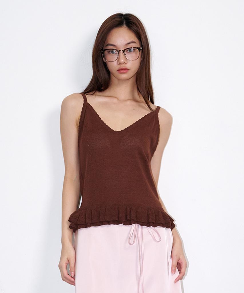OPENING SUNSHINE Sleeveless Frill Linen Knit Top Brown