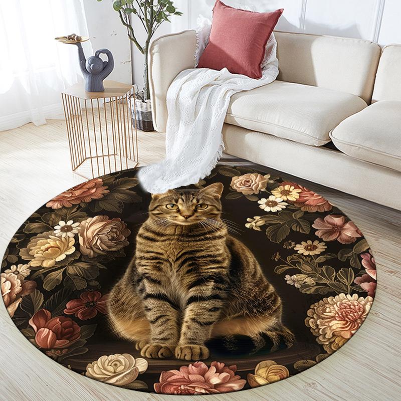 Cat and Vintage Flowers pattern round rug,Carpet Rug for Living Room Bedroom Sofa Playroom Decor,Non-slip Floor Mat,Holiday Gifts and Birthday Gifts.