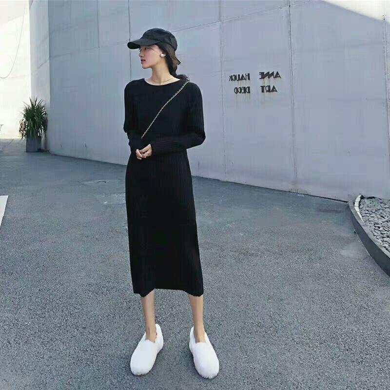 Autumn New Temperament Muse Fan Long Sweater Skirt Over Knee Bottom Crew Neck Knitted Dress Winter