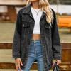 Women's Fashionable Versatile Classic Retro Solid Color Lapel Long Sleeved Pocket Loose Denim Jacket
