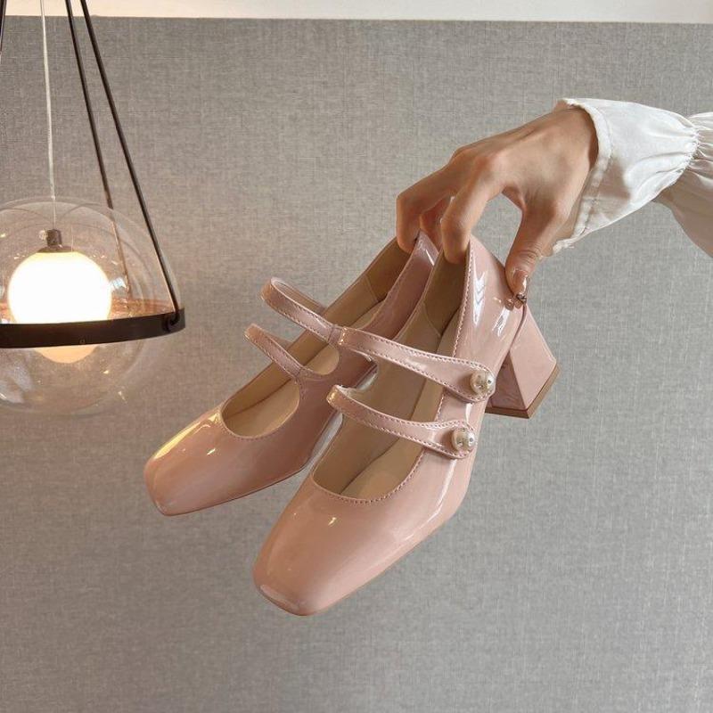 Elegant Women High Heel Pumps Patent Leather High Heels Shoes Chunky Heels Mary Jane Shoes Women Double Ankle Strap Shoes Women