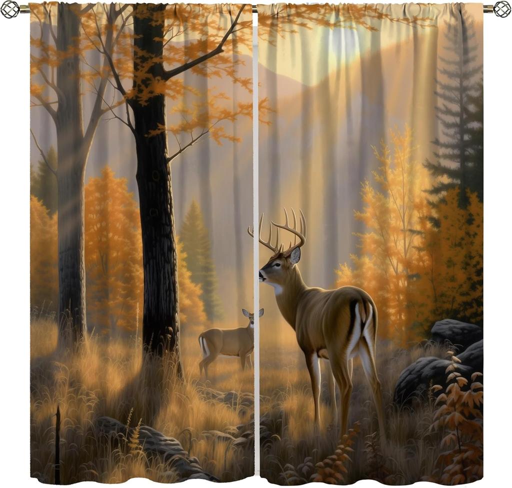 Farmhouse Deer Curtains Bedroom Vintage Rustic Fall Hunting River Cabin Elk Wildlife Window Drape Boys Girls Living Room Curtain For Sitting Polyester