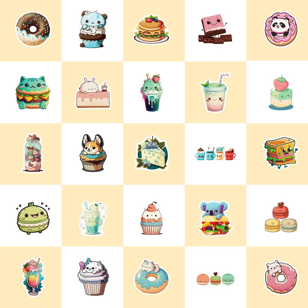 50 Donuts Mix And Match Small Animals Stickers Ice Cream Toast Milk Tea Creative Food Stickers Asia