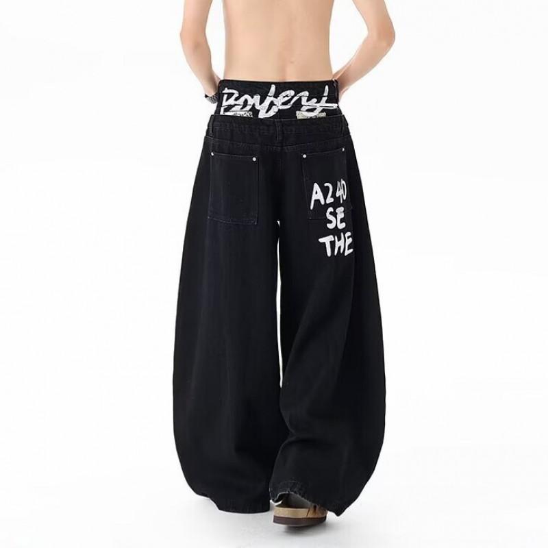 Unisex Vintage Letter Print Wide Leg Jeans Loose Fit Hip Hop Style Straight Cut Denim Pants Fall