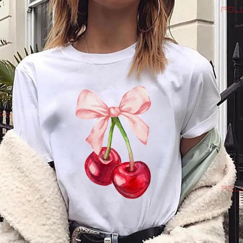 Womens Cherry Print TShirt Crew Neck Short Sleeve Casual Top Regular Length Knit Fabric Fruit Vegetable Tees Y2k Top