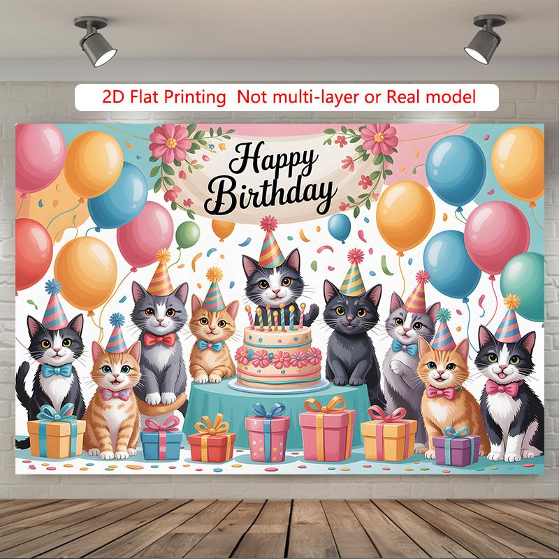 Party Backdrop Kitten Cake Flat Balloons Spanish Photo Booth Background Front Door Decor