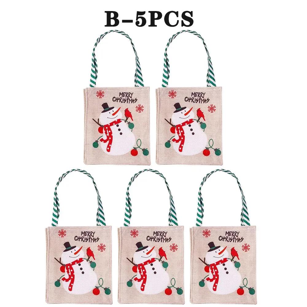 Christmas Candy Apple Pouch Santa Snowman Print Gift Bag Natural Jute Fabric Reusable Holiday Party Favor Storage