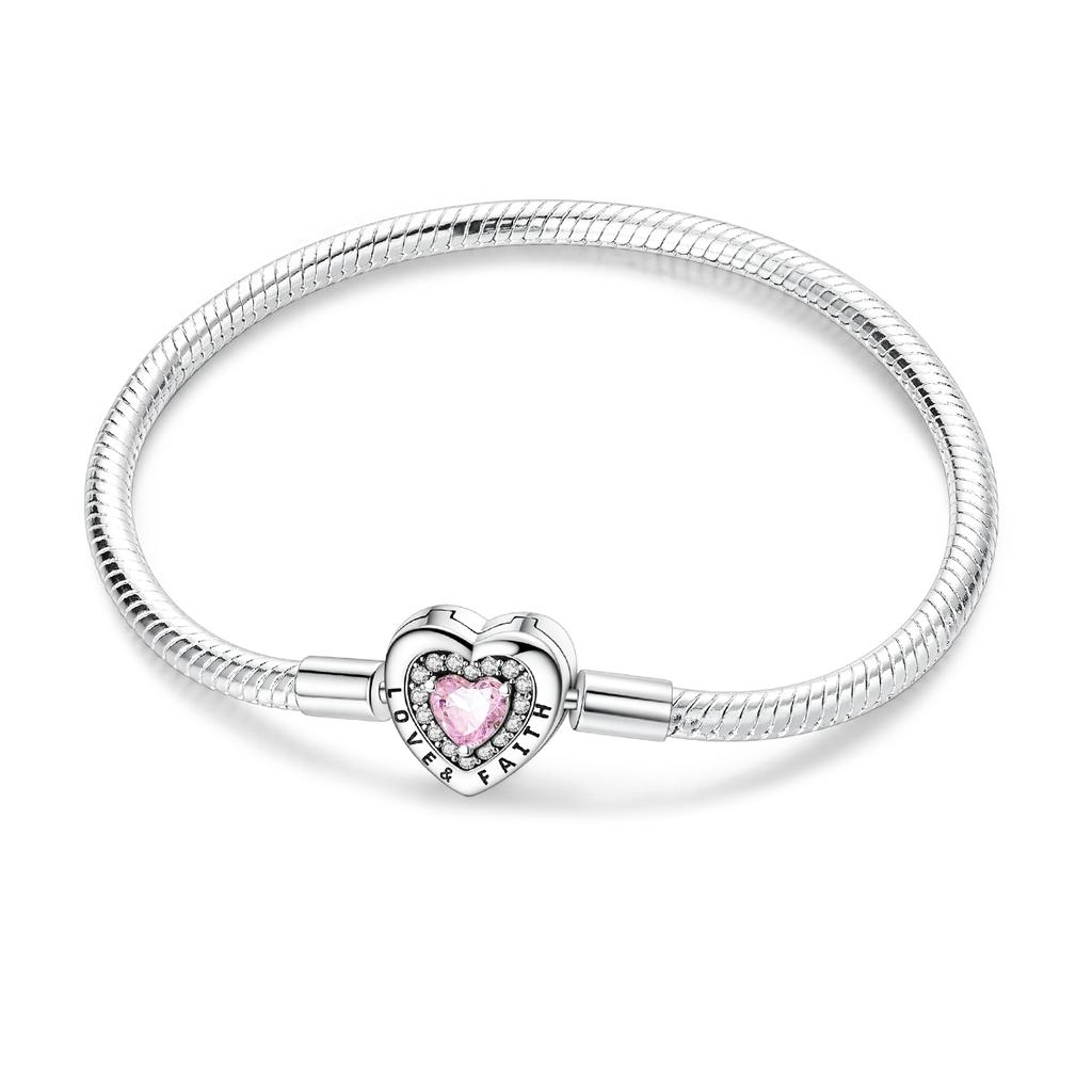 925 Silver Heart Charm Bracelet with Snake Chain for Women DIY Bead Jewelry