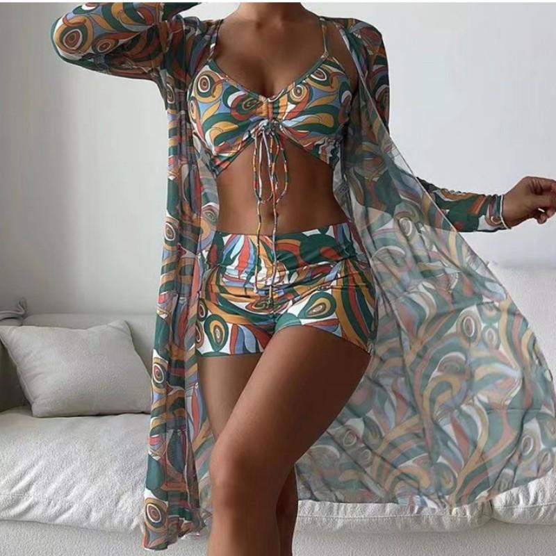 

Европейский и американский набор из трех предметов для плавания: Бикини на кулиске с принтом, шорты с плоским вырезом и сетчатая накидка Medium армия зеленый