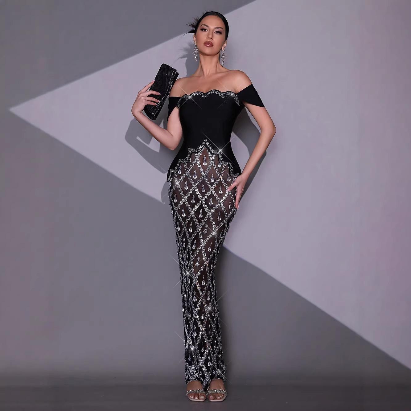 

Одноплетьевое сетчатое клетчатое вечернее платье со стразами и пайетками для женщин Medium чёрный