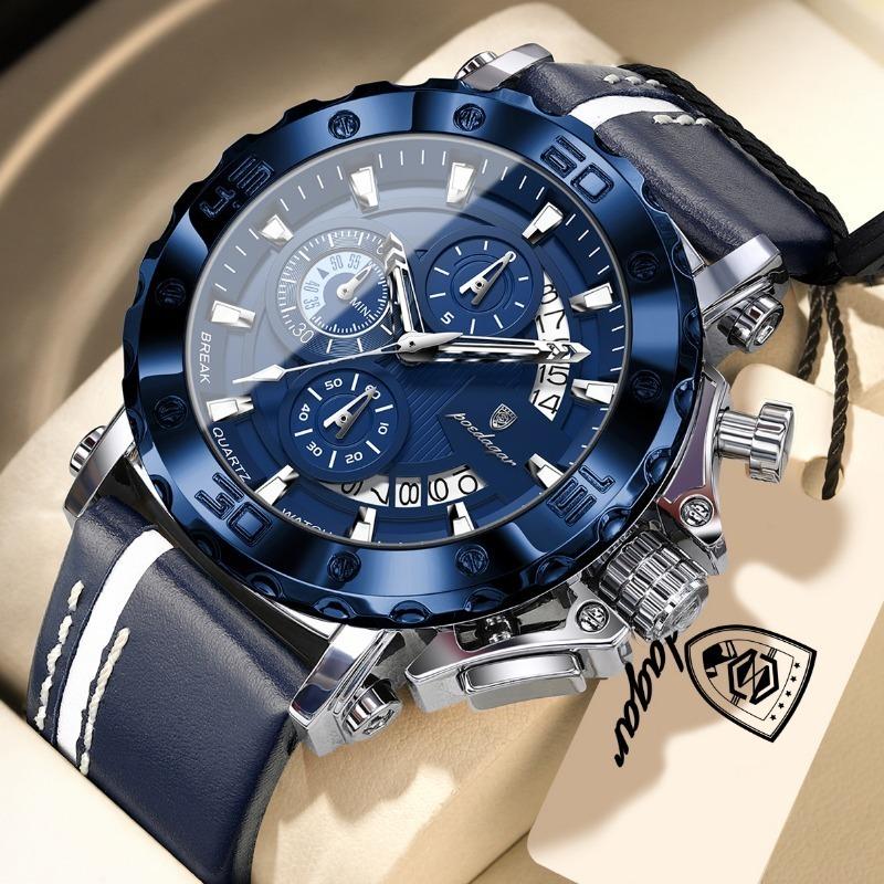 POEDAGAR Sportuhren für Herren Wasserdicht Leuchtend Datum Uhr Chronograph Leder Quarz Funktionell Armbanduhr Reloj