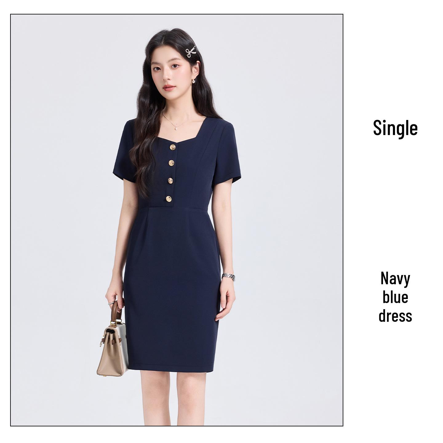 Women s Short-Sleeve Dress - OL Style, Waist-Cinching, Elegant Workwear Dress L темно-синий